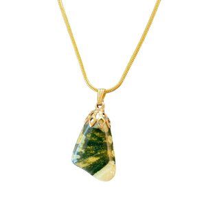 Tumbled Green Yellow White gemstone pendant on a NEW Goldtone 16" chain